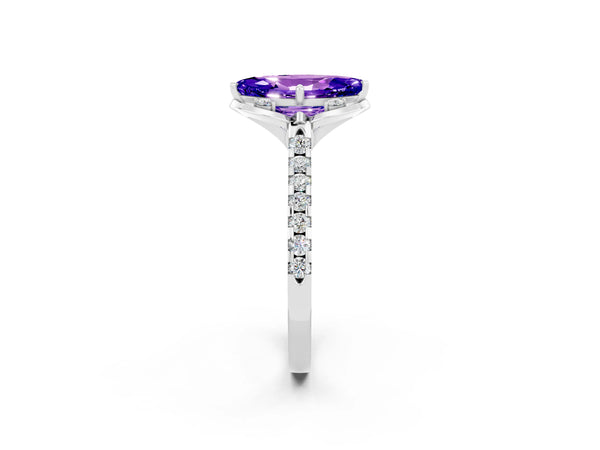 White gold Marquise Cut Tanzanite Ring with Pavé Band and Floral Prong Setting