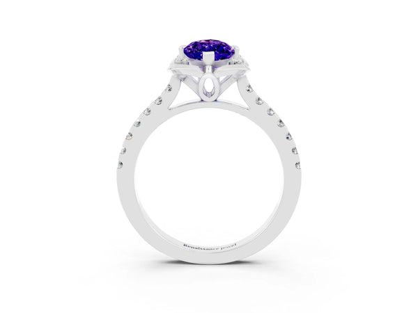 Silver Marquise Cut Tanzanite Ring with Pavé Band and Floral Prong Setting
