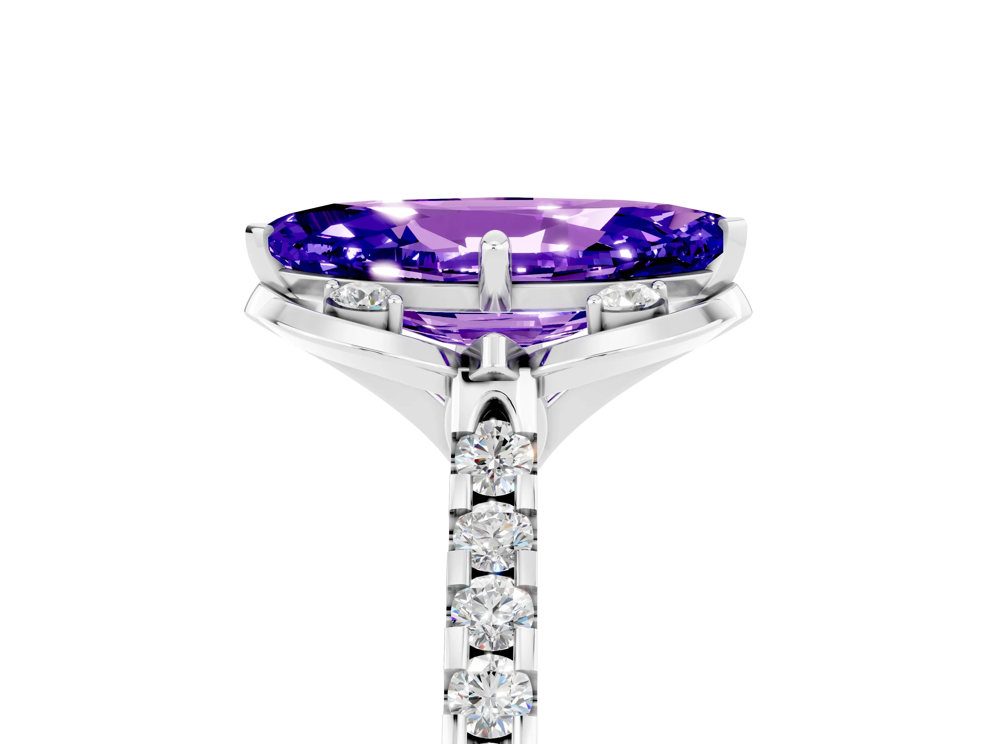 White gold Marquise Cut Tanzanite Ring with Pavé Band and Floral Prong Setting_5