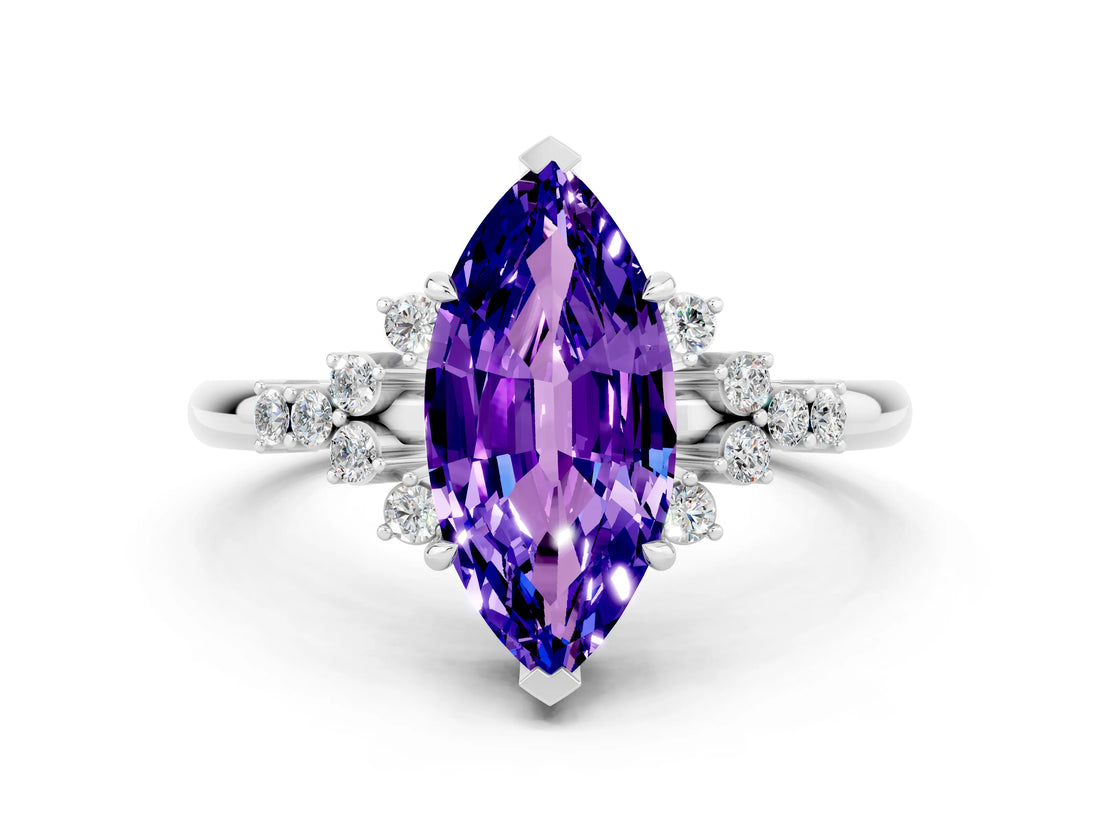 White gold Marquise Cut Tanzanite Ring with Side Stones and Four-Prong Setting_36