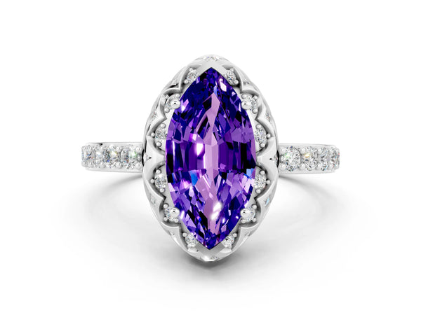 Platinum Marquise Cut Tanzanite Scalloped Halo Engagement Ring with Round Shared Prong Band
