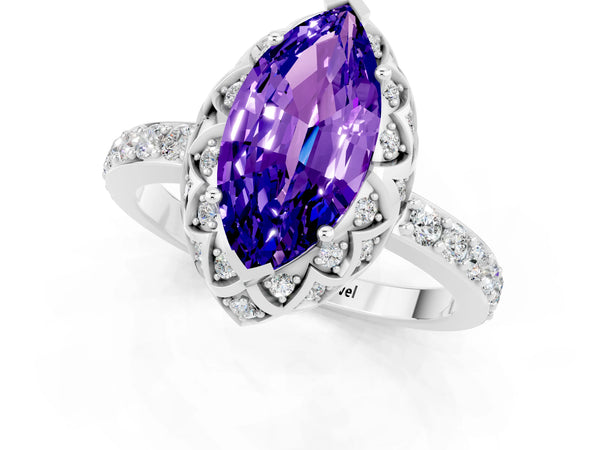 Silver Marquise Cut Tanzanite Scalloped Halo Engagement Ring with Round Shared Prong Band