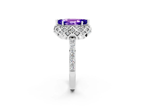 Platinum Marquise Cut Tanzanite Scalloped Halo Engagement Ring with Round Shared Prong Band