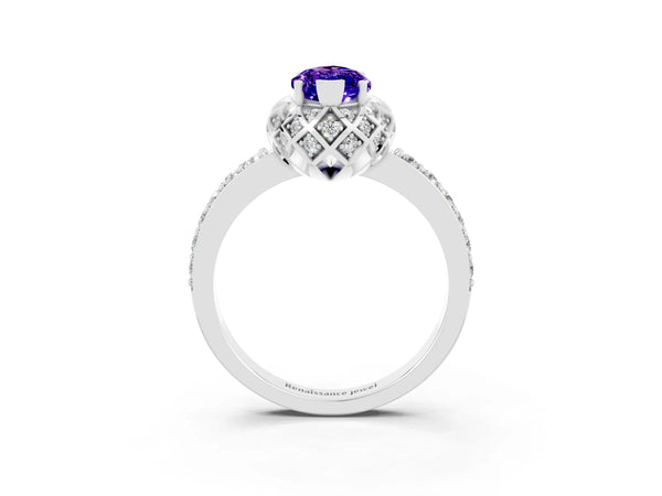 Platinum Marquise Cut Tanzanite Scalloped Halo Engagement Ring with Round Shared Prong Band