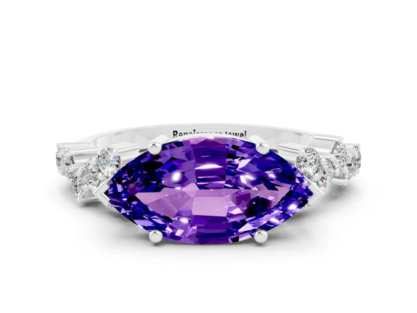 Platinum Marquise Cut Tanzanite Scattered Round Accent Ring with Prong Setting