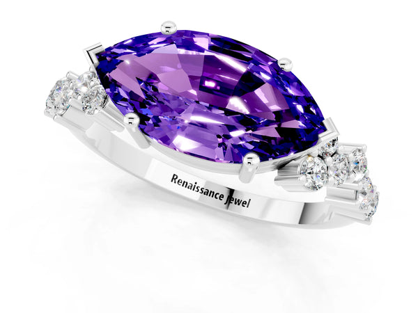 Platinum Marquise Cut Tanzanite Scattered Round Accent Ring with Prong Setting