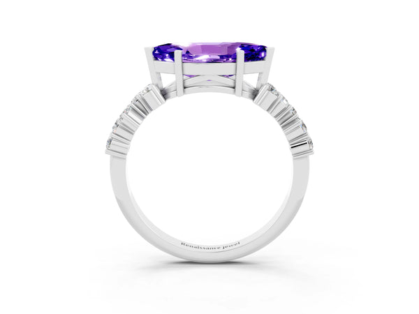 White gold Marquise Cut Tanzanite Scattered Round Accent Ring with Prong Setting