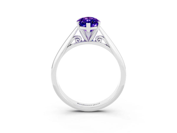 Platinum Marquise Cut Tanzanite Solitaire Engagement Ring with Cathedral Setting and Four-Prong Mount