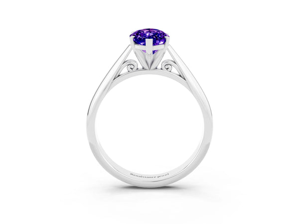 Platinum Marquise Cut Tanzanite Solitaire Engagement Ring with Cathedral Setting and Four-Prong Mount