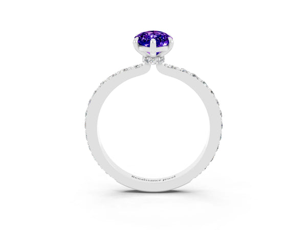 Silver Marquise Cut Tanzanite Solitaire Engagement Ring with Pavé Band and Four-Prong Setting