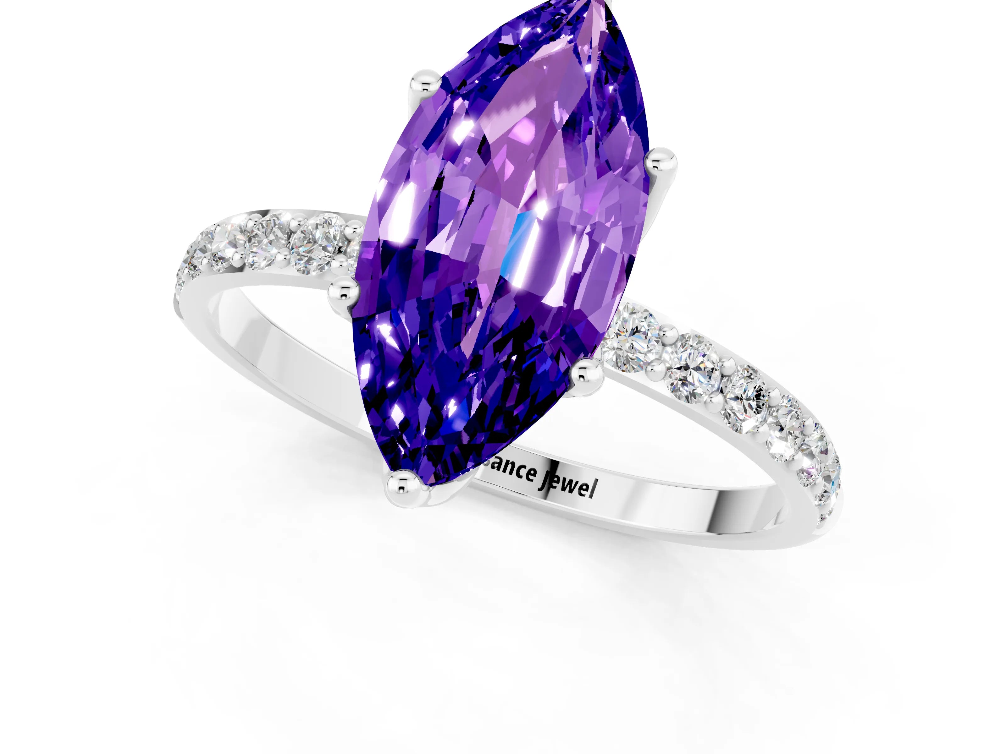 White gold Marquise Cut Tanzanite Solitaire Engagement Ring with Pavé Band and Prong Setting_1