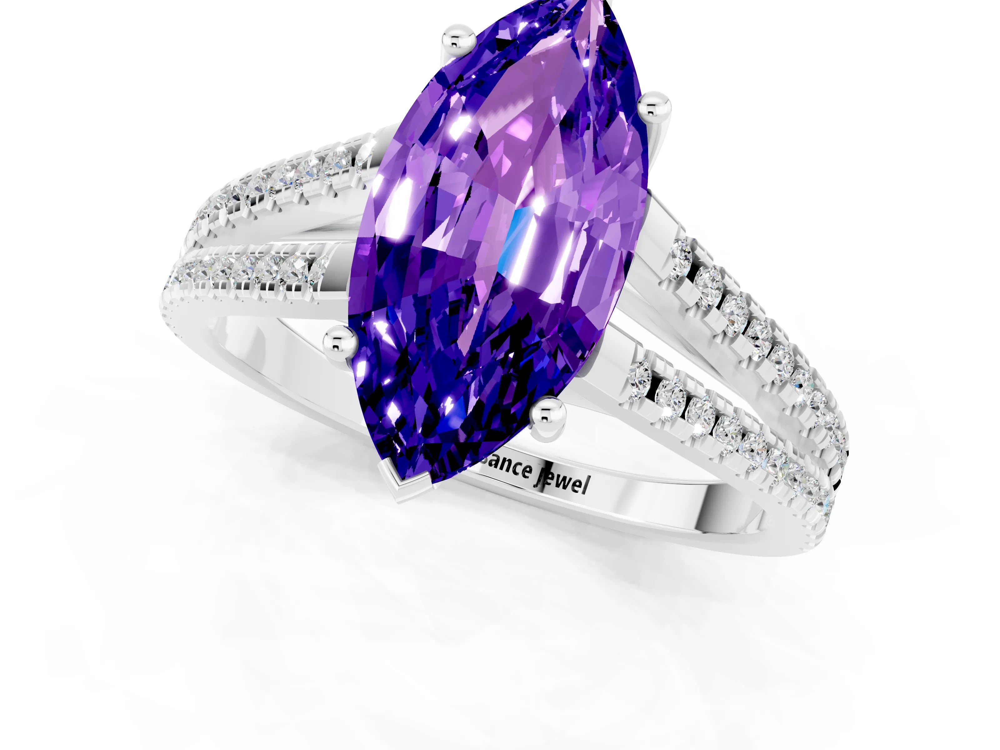 White gold Marquise Cut Tanzanite Solitaire Engagement Ring with Split Shank Pavé Band_1
