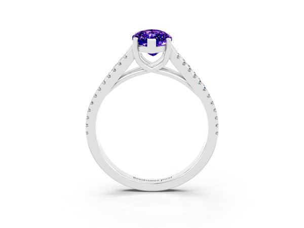 Platinum Marquise Cut Tanzanite Solitaire Engagement Ring with Split Shank Pavé Band