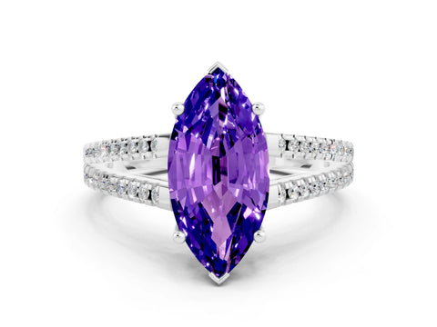 White gold Marquise Cut Tanzanite Solitaire Engagement Ring with Split Shank Pavé Band
