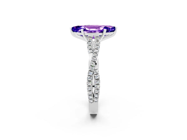 Platinum Marquise Cut Tanzanite Solitaire Engagement Ring with Twisted Pavé Band and Four-Prong Setting
