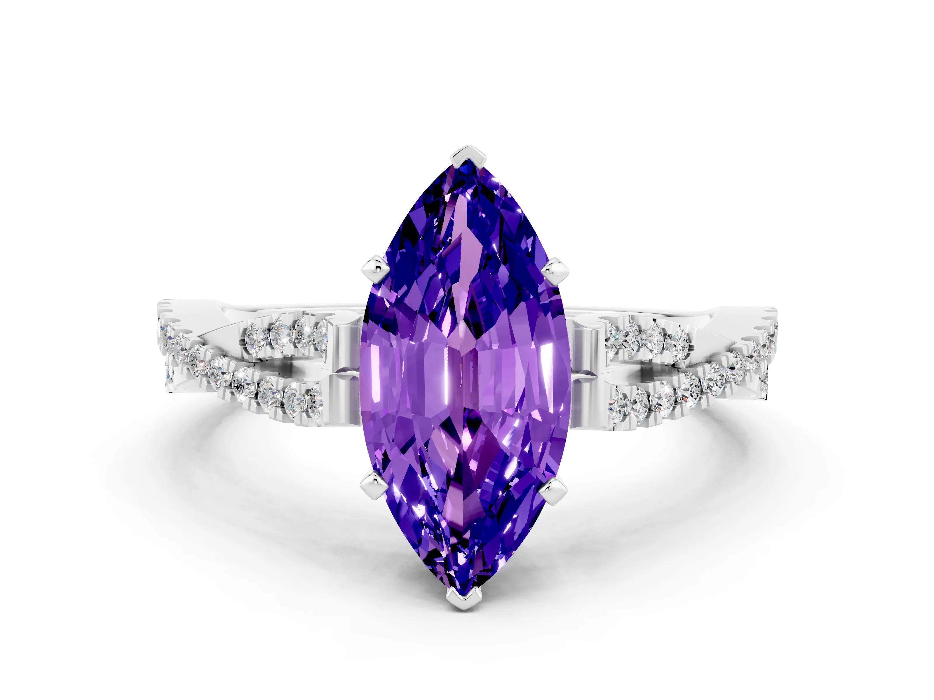 White gold Marquise Cut Tanzanite Solitaire Engagement Ring with Twisted Pavé Band and Four-Prong Setting