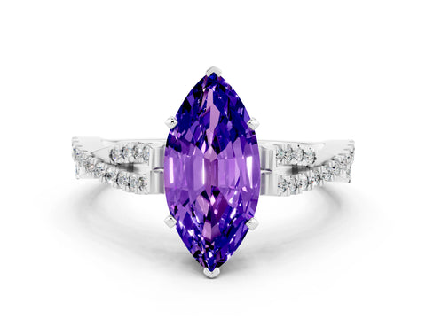 White gold Marquise Cut Tanzanite Solitaire Engagement Ring with Twisted Pavé Band and Four-Prong Setting