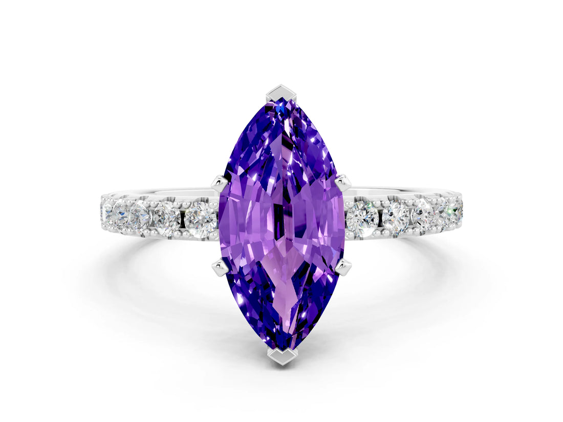 White gold Marquise Cut Tanzanite Solitaire Pavé Band with Four-Prong Setting
