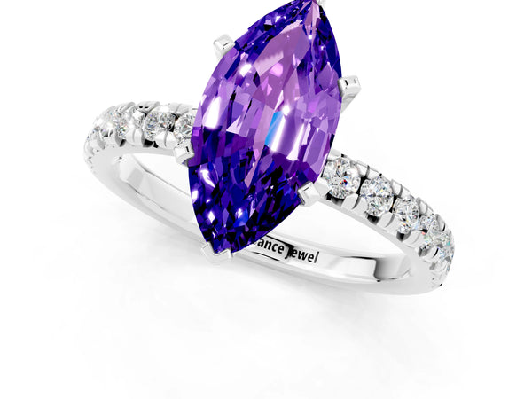 Silver Marquise Cut Tanzanite Solitaire Pavé Engagement Ring with Round Band and Prong Setting
