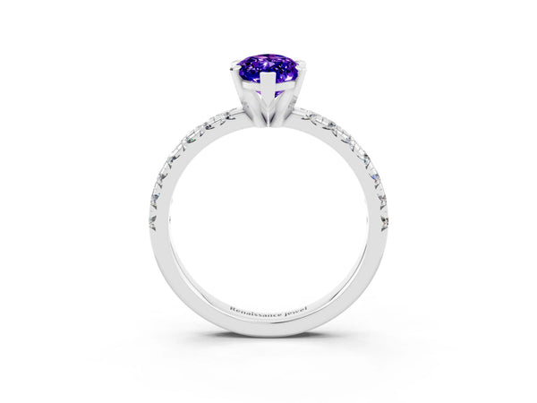 Silver Marquise Cut Tanzanite Solitaire Pavé Engagement Ring with Round Band and Prong Setting