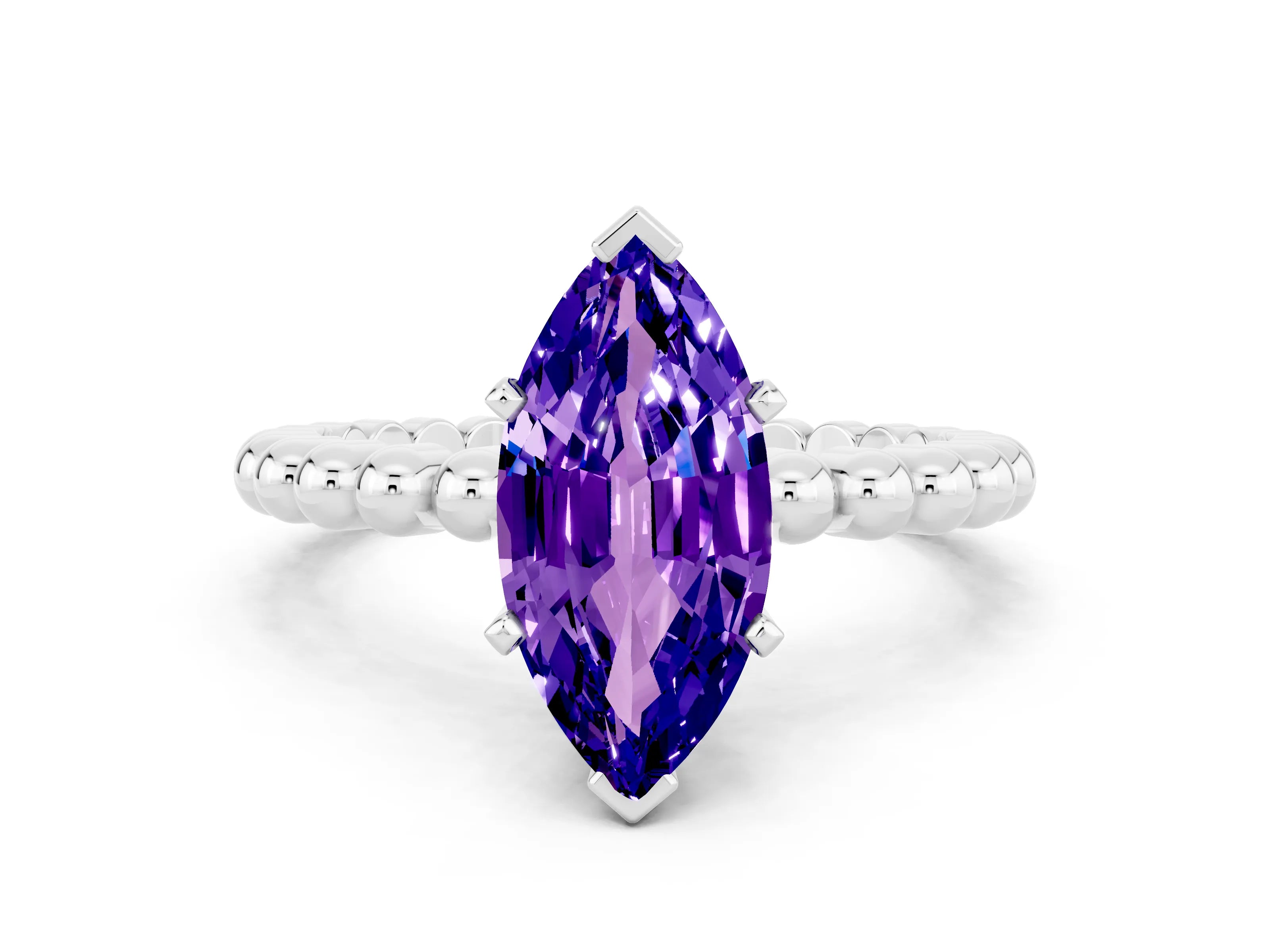 White gold Marquise Cut Tanzanite Solitaire Ring with Beaded Band and Prong Setting