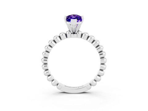 White gold Marquise Cut Tanzanite Solitaire Ring with Beaded Band and Prong Setting_15