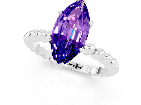 Silver Marquise Cut Tanzanite Solitaire Ring with Beaded Band and Prong Setting