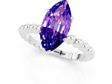 White gold Marquise Cut Tanzanite Solitaire Ring with Beaded Band and Prong Setting_1