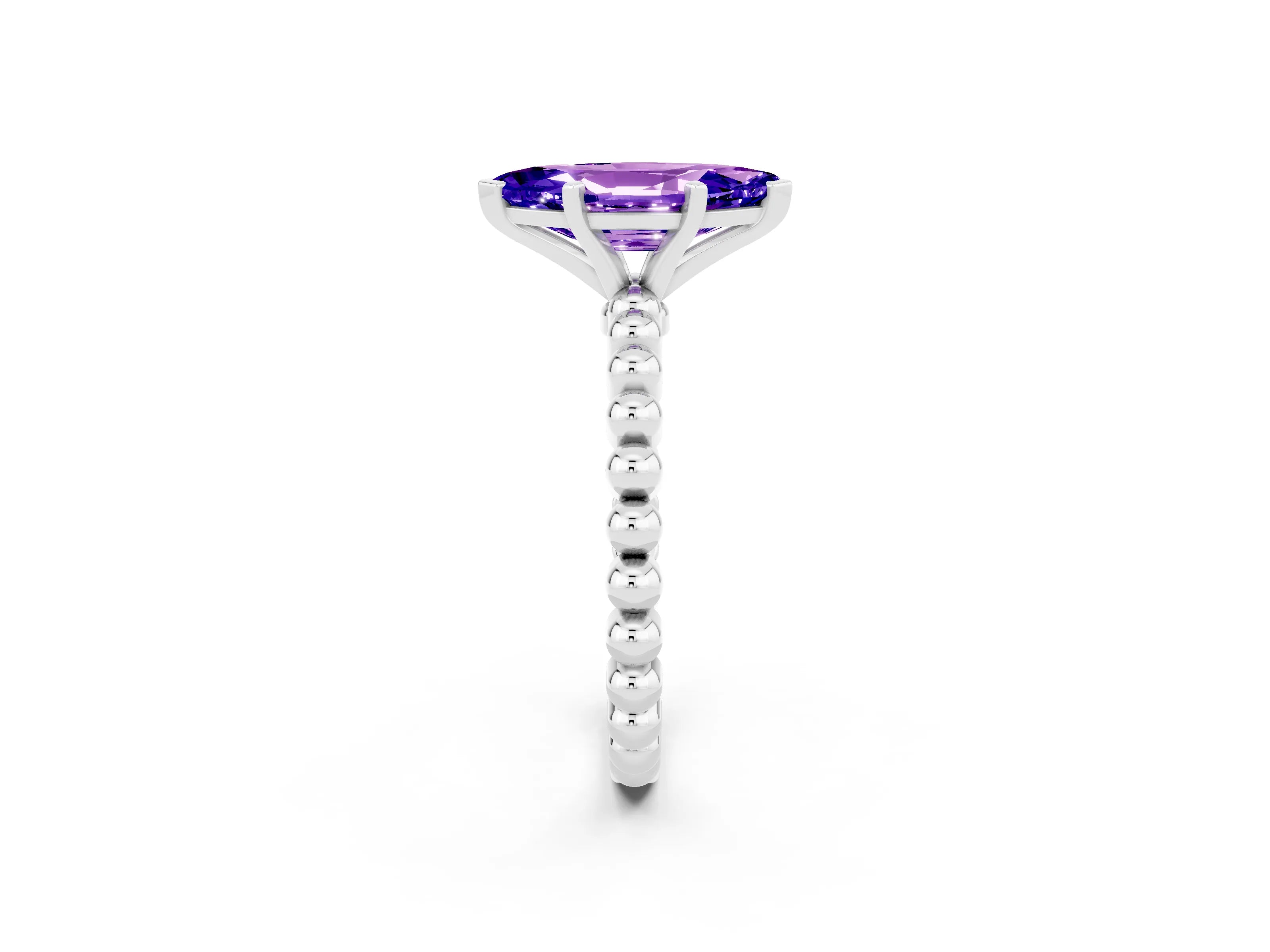 White gold Marquise Cut Tanzanite Solitaire Ring with Beaded Band and Prong Setting_2