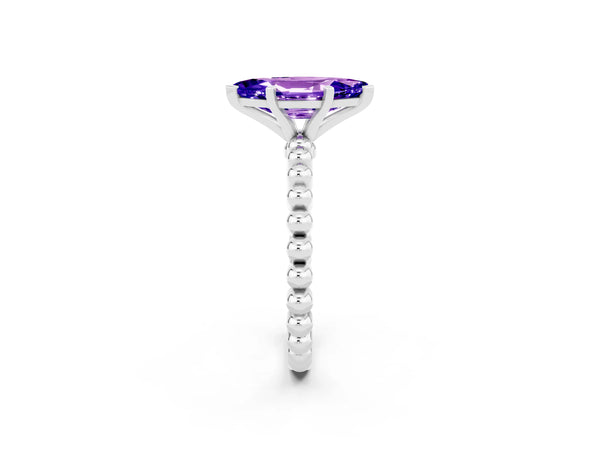 Silver Marquise Cut Tanzanite Solitaire Ring with Beaded Band and Prong Setting