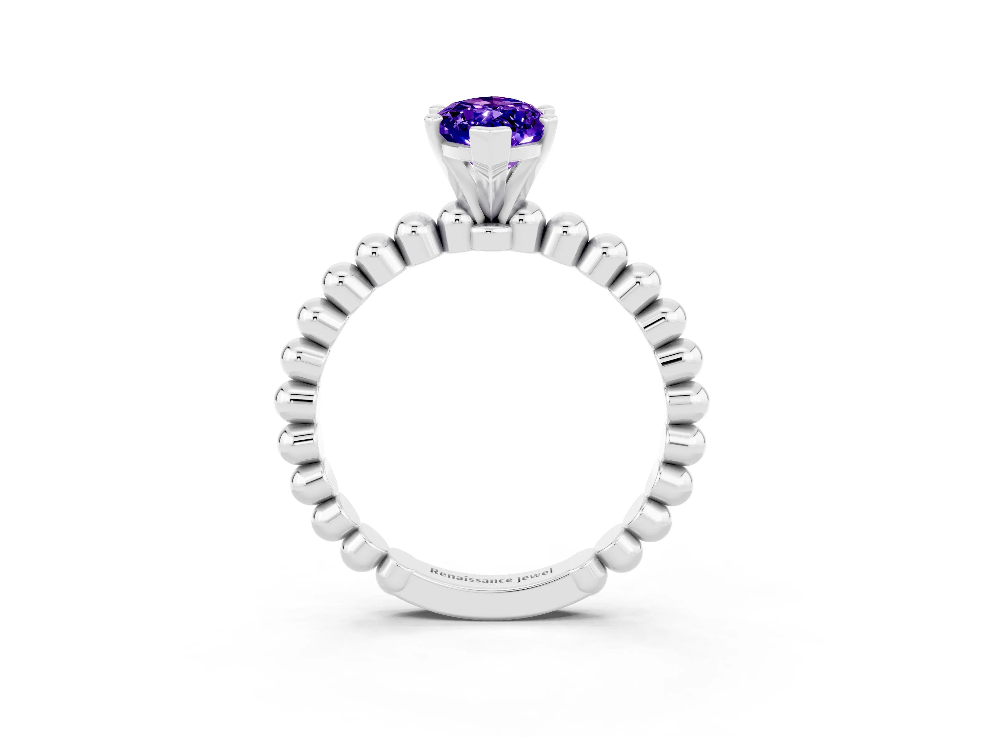 White gold Marquise Cut Tanzanite Solitaire Ring with Beaded Band and Prong Setting_3