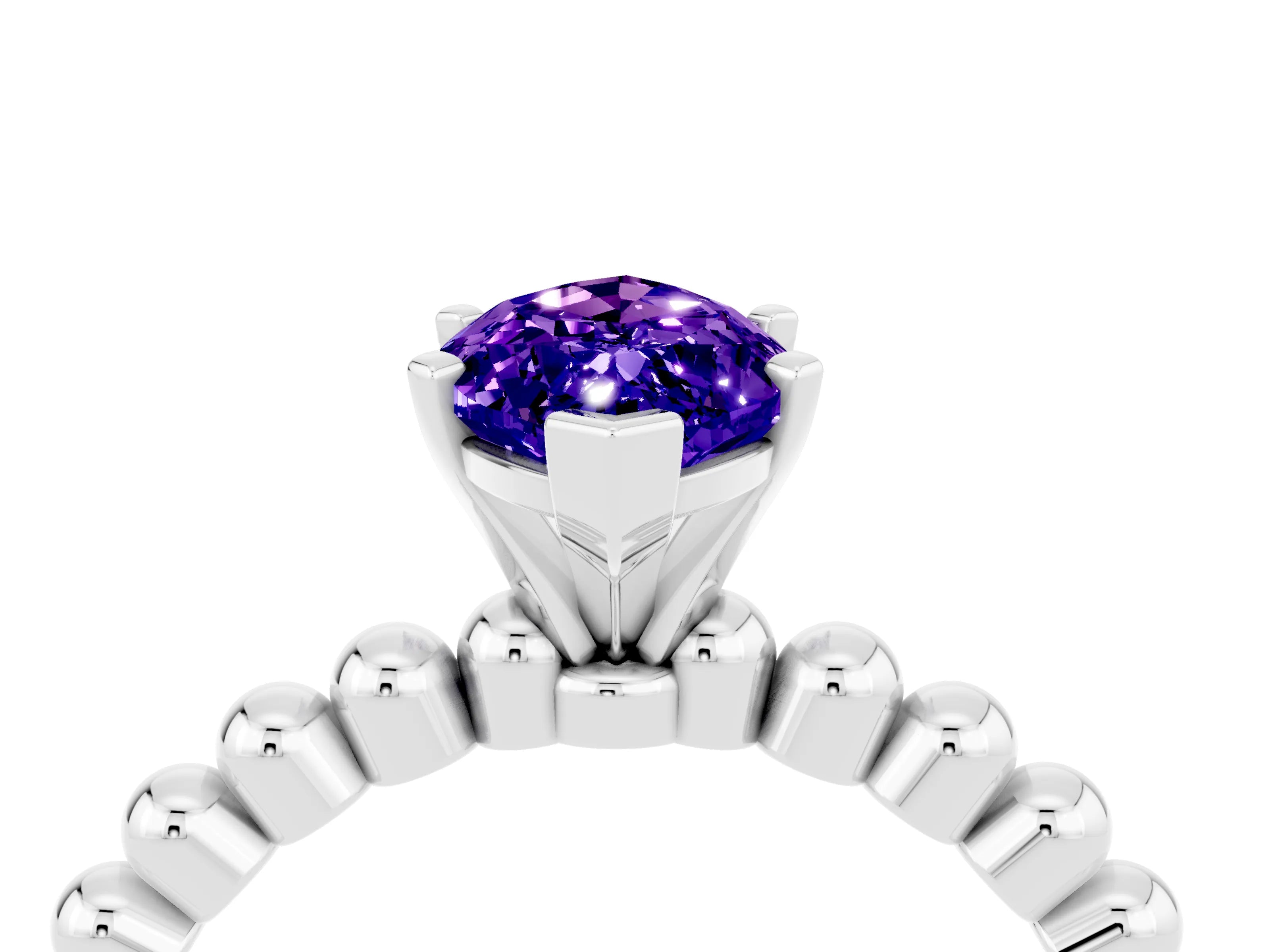 White gold Marquise Cut Tanzanite Solitaire Ring with Beaded Band and Prong Setting_4