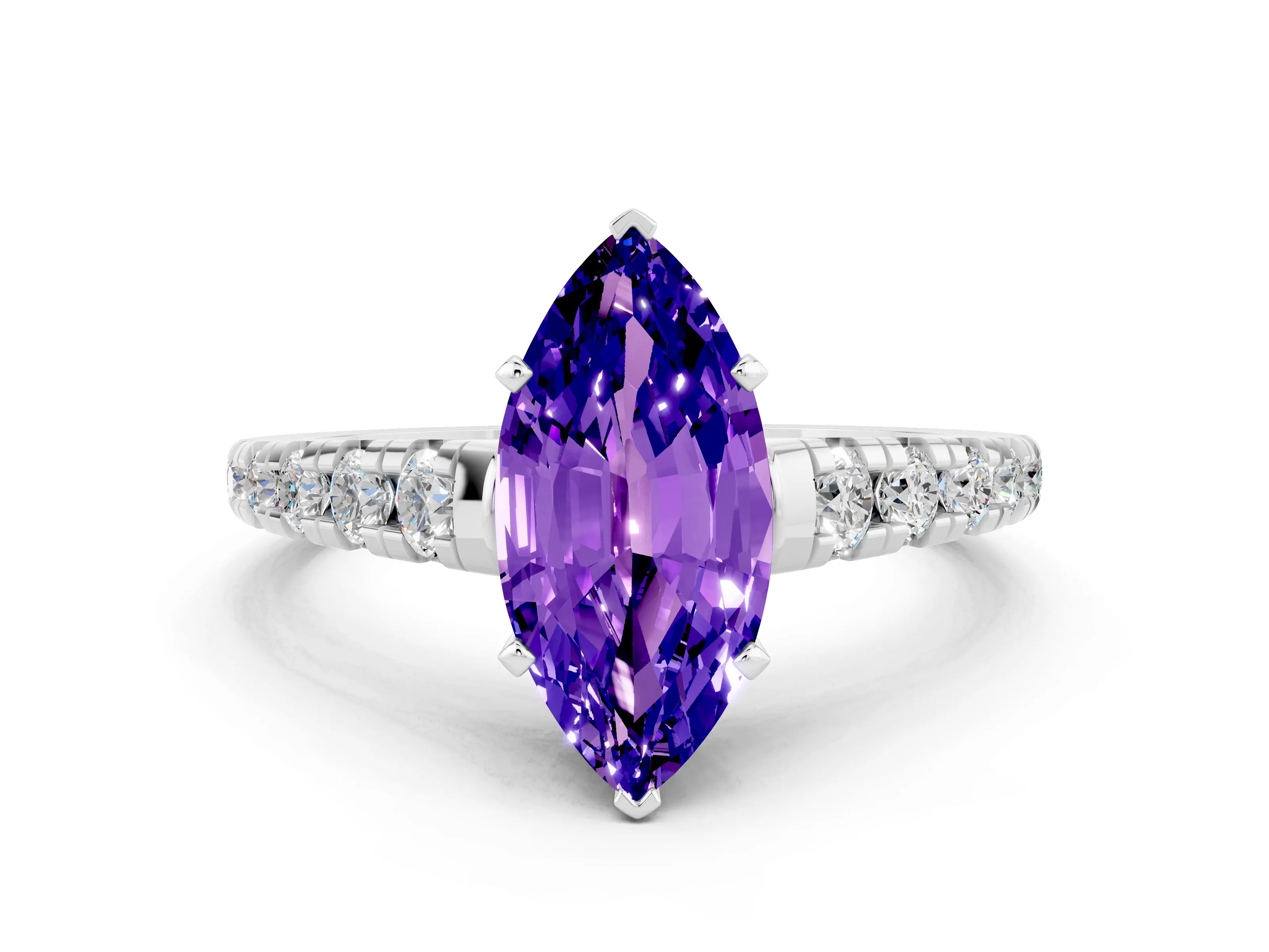 White gold Marquise Cut Tanzanite Solitaire Ring with Cathedral Setting and Pavé Band