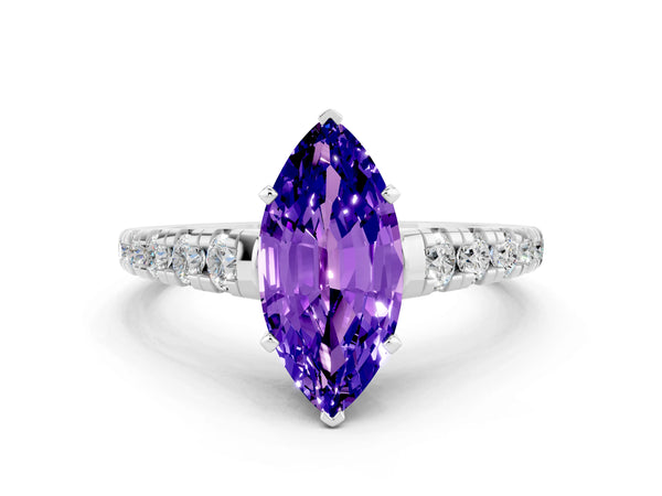 Platinum Marquise Cut Tanzanite Cathedral Solitaire Ring with Round  Pavé Band