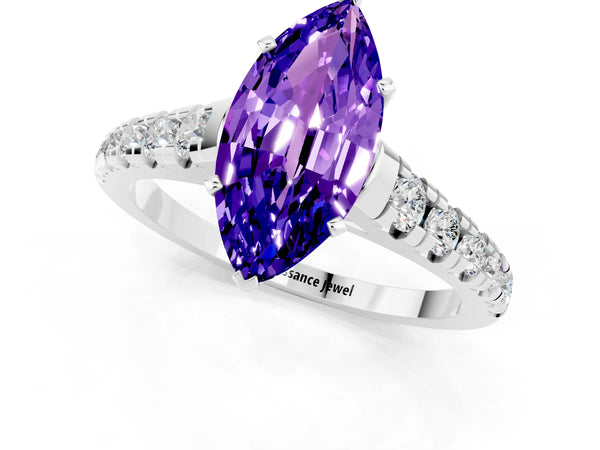 Platinum Marquise Cut Tanzanite Cathedral Solitaire Ring with Round  Pavé Band
