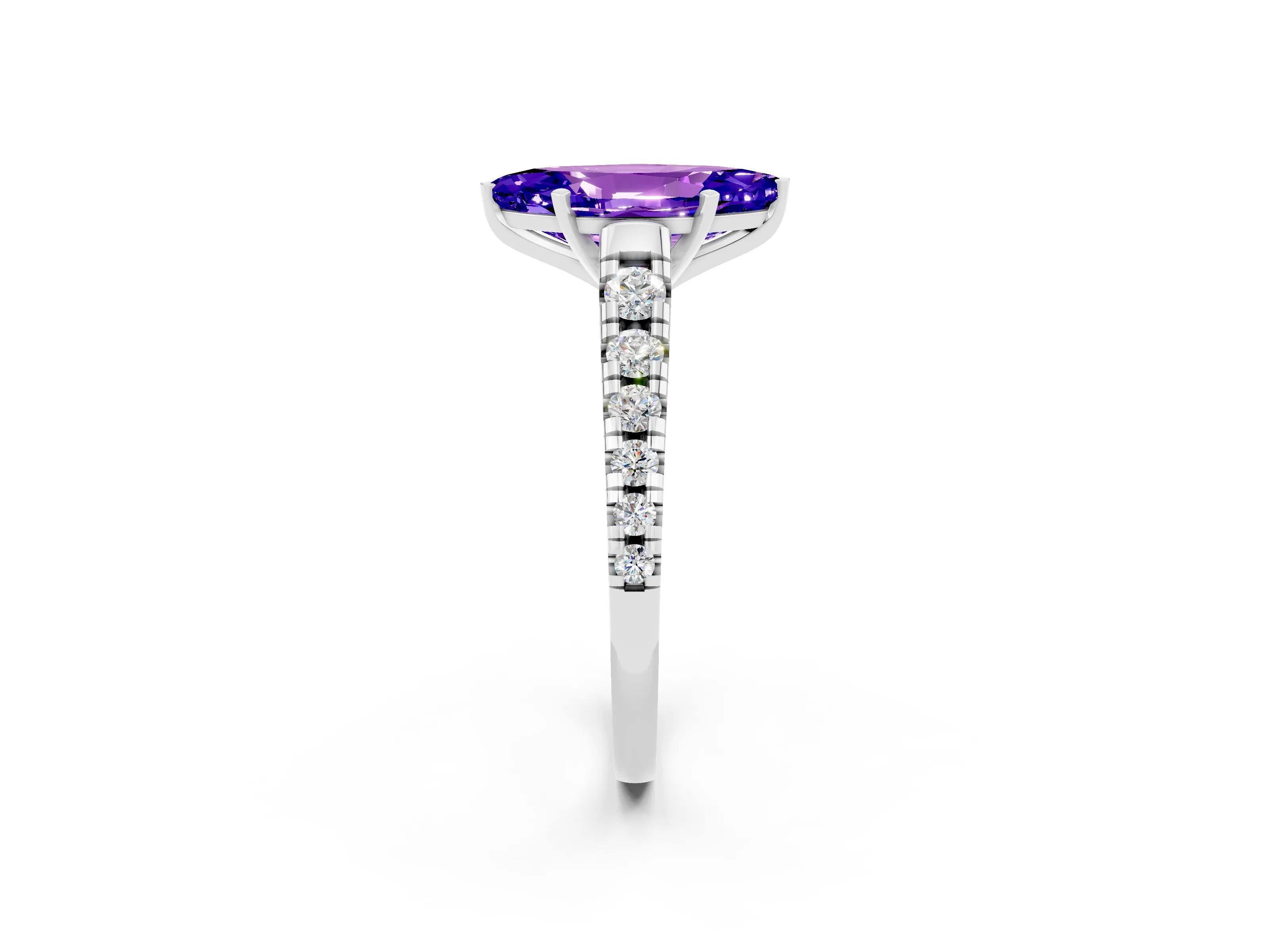 White gold Marquise Cut Tanzanite Solitaire Ring with Cathedral Setting and Pavé Band_2