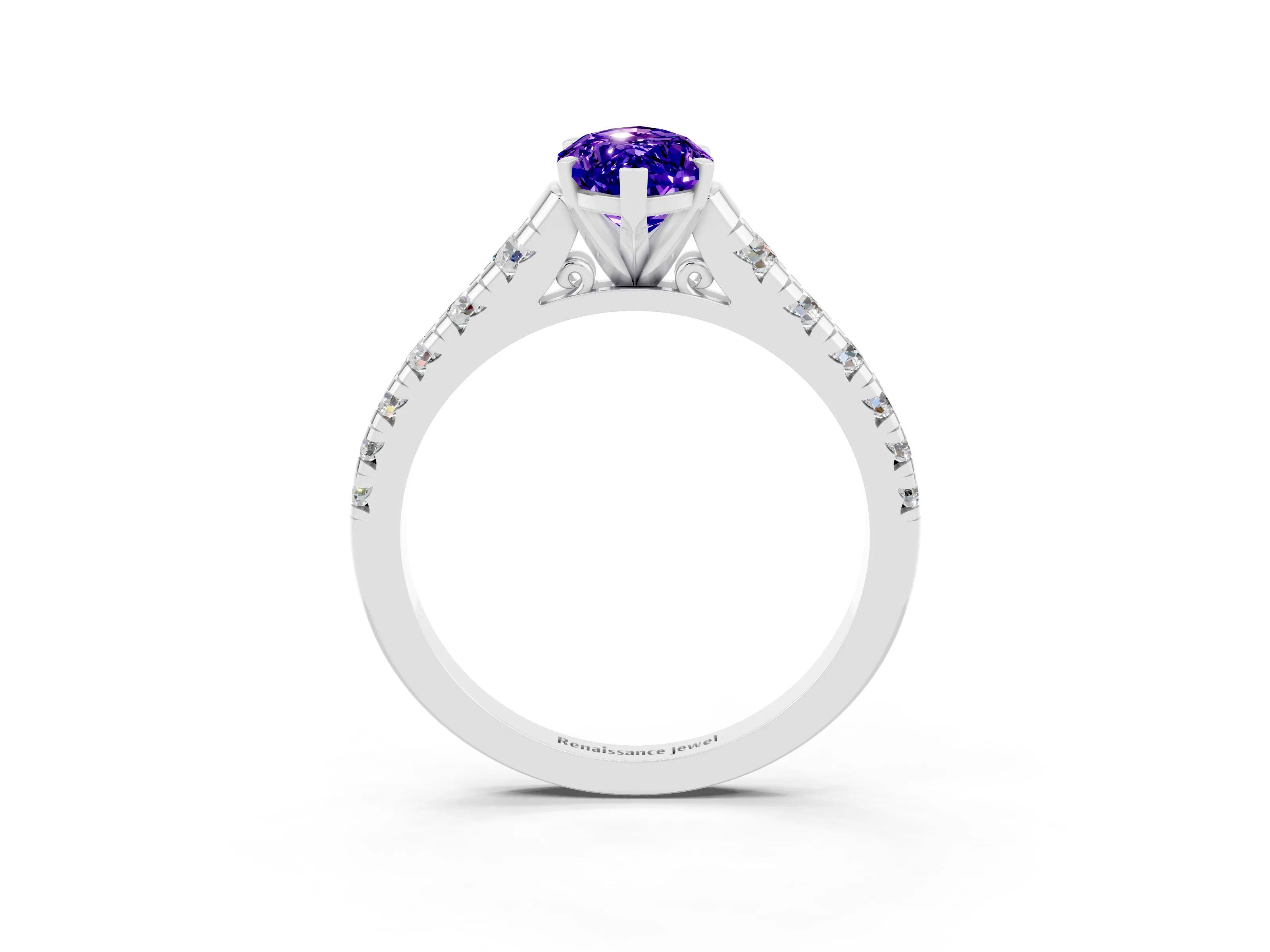 White gold Marquise Cut Tanzanite Solitaire Ring with Cathedral Setting and Pavé Band_3