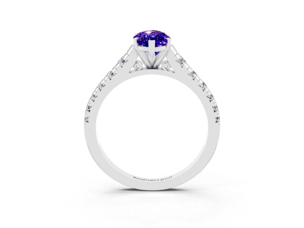 White gold Marquise Cut Tanzanite Cathedral Solitaire Ring with Round  Pavé Band