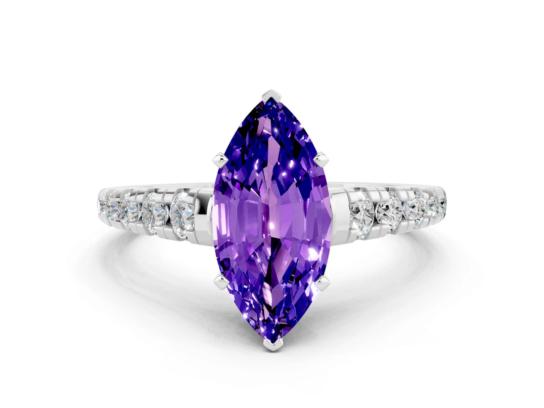 White gold Marquise Cut Tanzanite Solitaire Ring with Cathedral Setting and Pavé Band