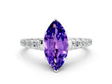White gold Marquise Cut Tanzanite Solitaire Ring with Cathedral Setting and Pavé Band