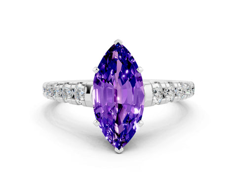 White gold Marquise Cut Tanzanite Solitaire Ring with Cathedral Setting and Pavé Band