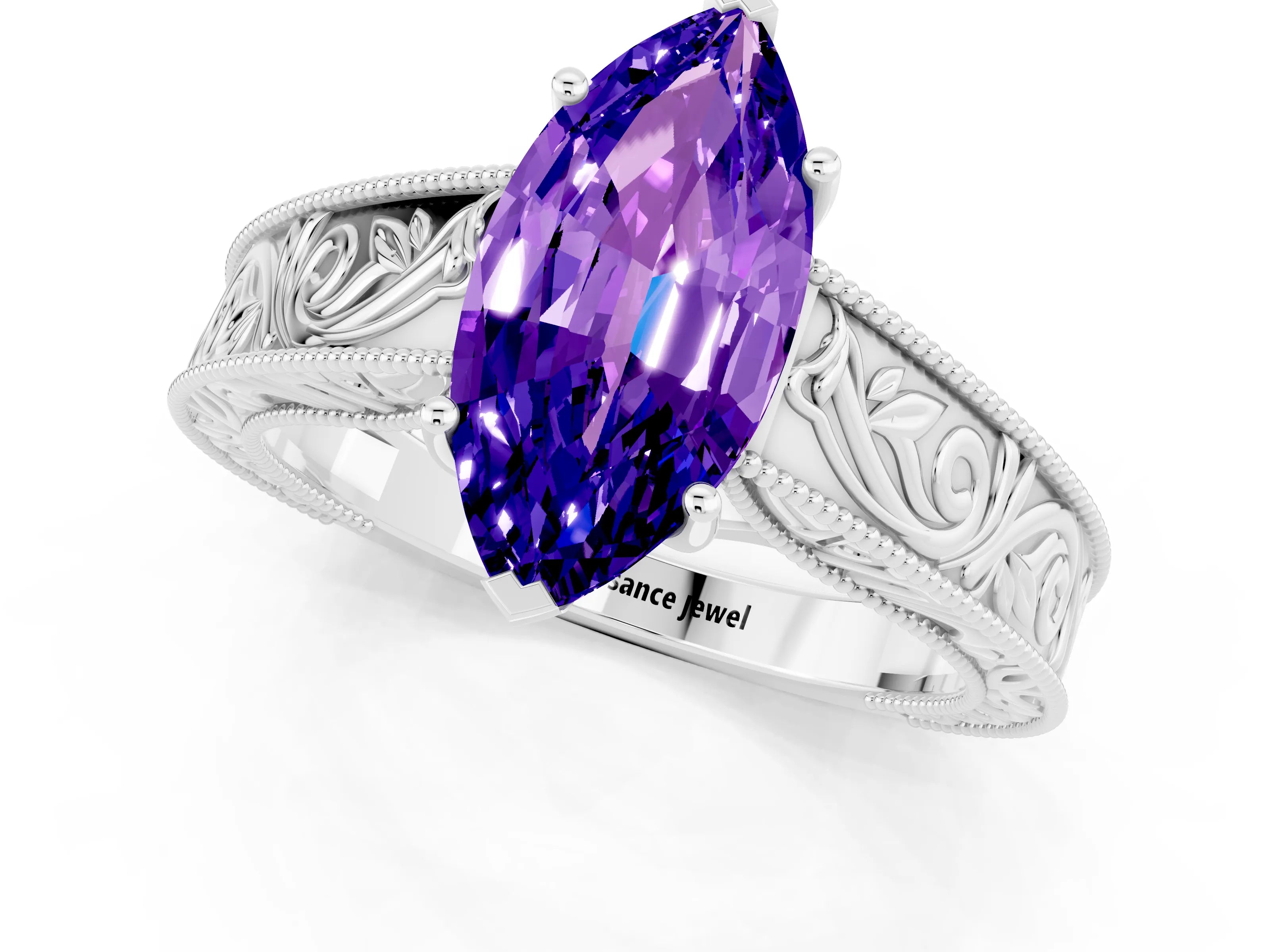 White gold Marquise Cut Tanzanite Solitaire Ring with Engraved Band and Four-Prong Setting_1