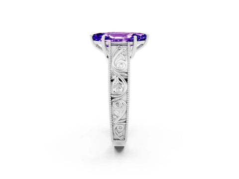 White gold Marquise Cut Tanzanite Solitaire Ring with Engraved Band and Four-Prong Setting_2