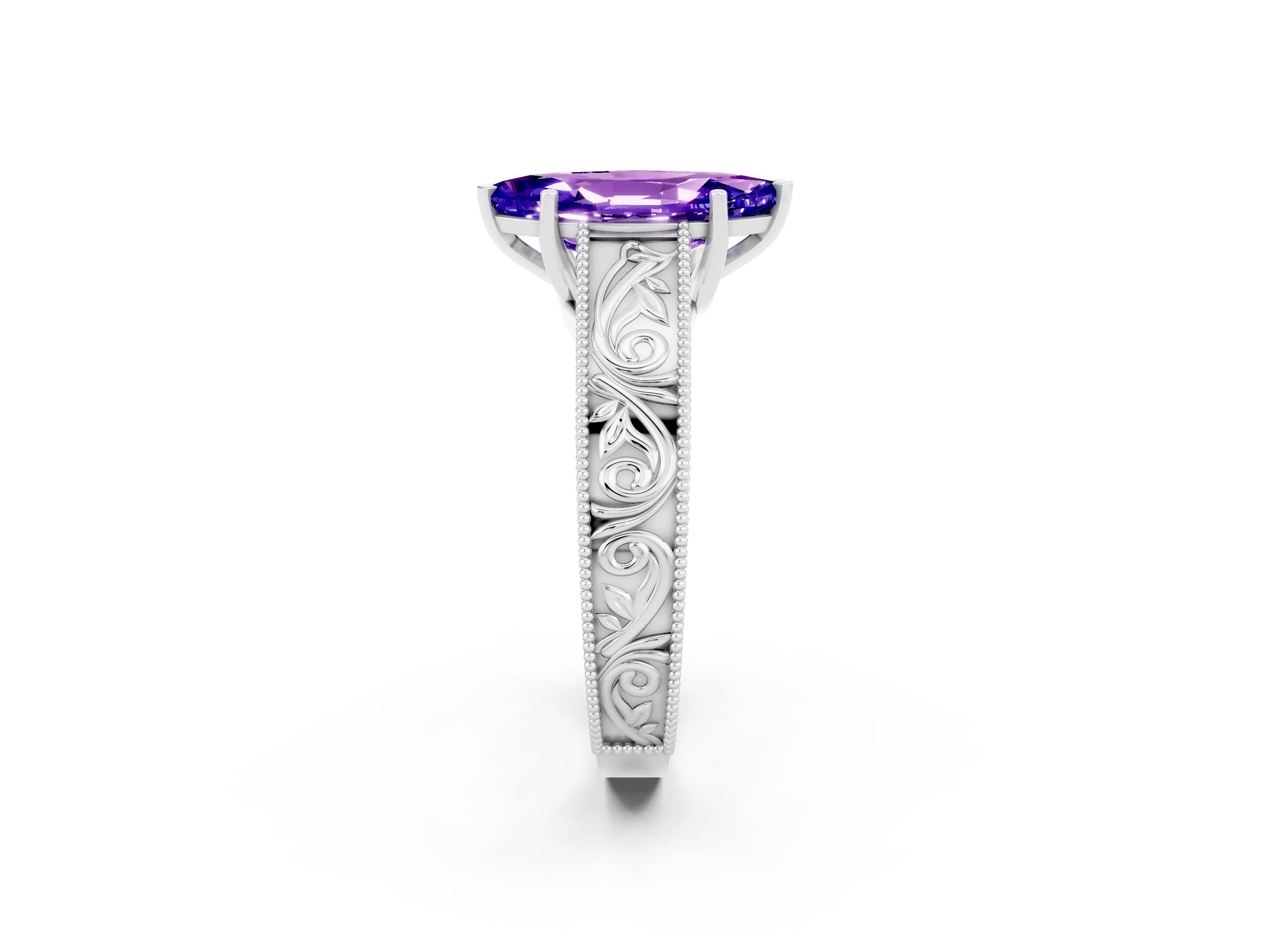 White gold Marquise Cut Tanzanite Solitaire Ring with Engraved Band and Four-Prong Setting_2