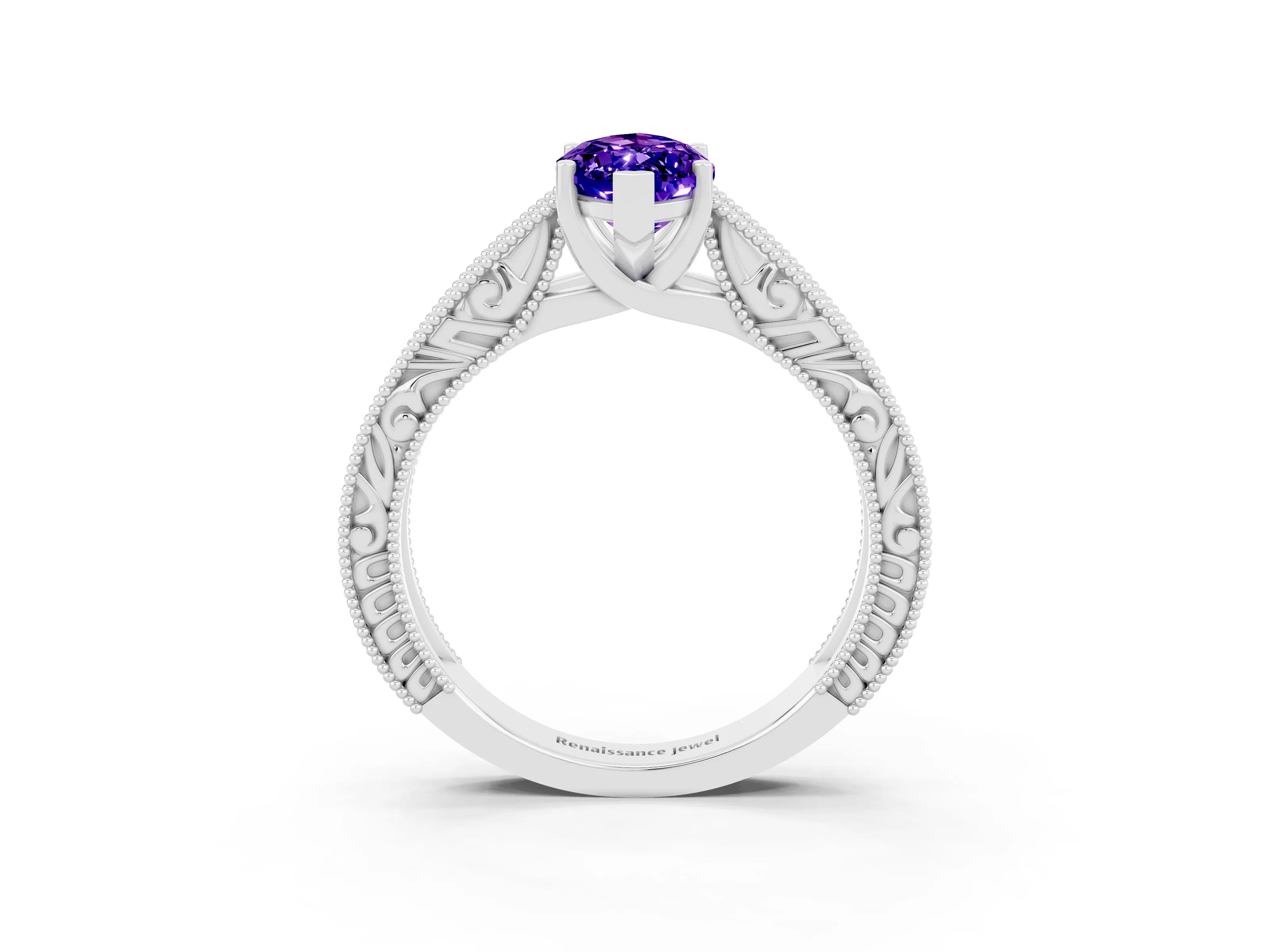 White gold Marquise Cut Tanzanite Solitaire Ring with Engraved Band and Four-Prong Setting_3