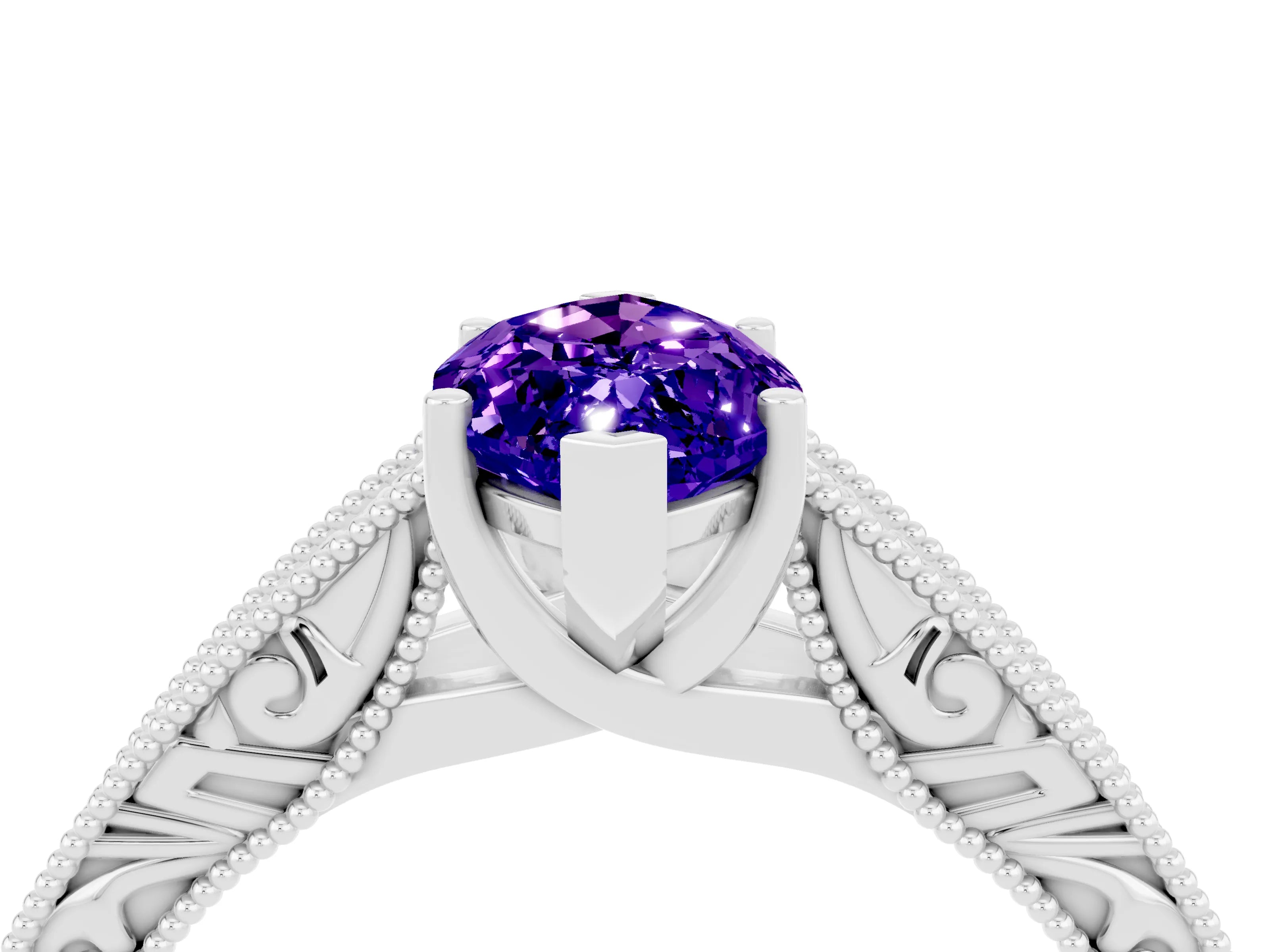 White gold Marquise Cut Tanzanite Solitaire Ring with Engraved Band and Four-Prong Setting_4
