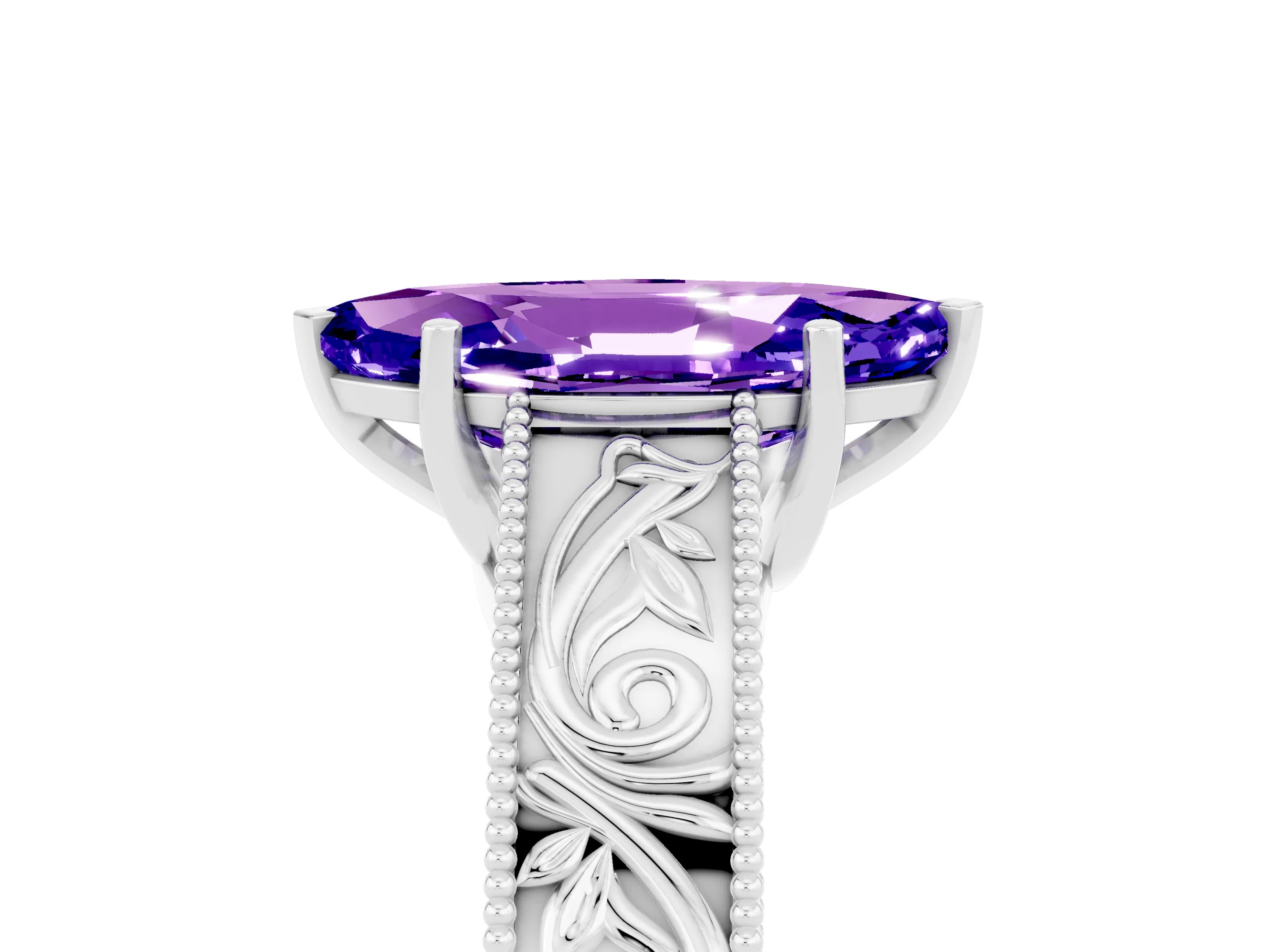 White gold Marquise Cut Tanzanite Solitaire Ring with Engraved Band and Four-Prong Setting_5