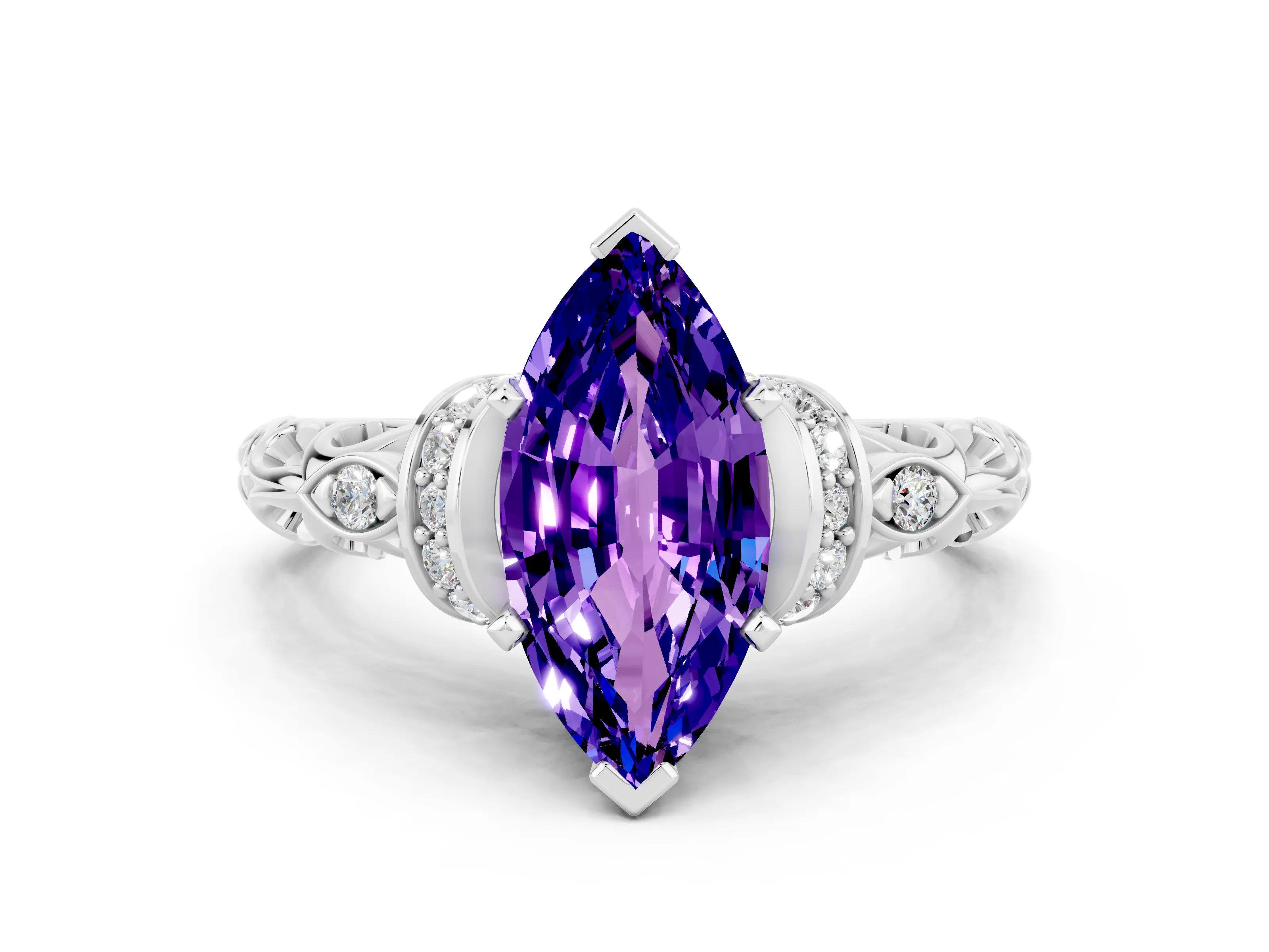 White gold Marquise Cut Tanzanite Solitaire Ring with Filigree Band and Four-Prong Setting_24