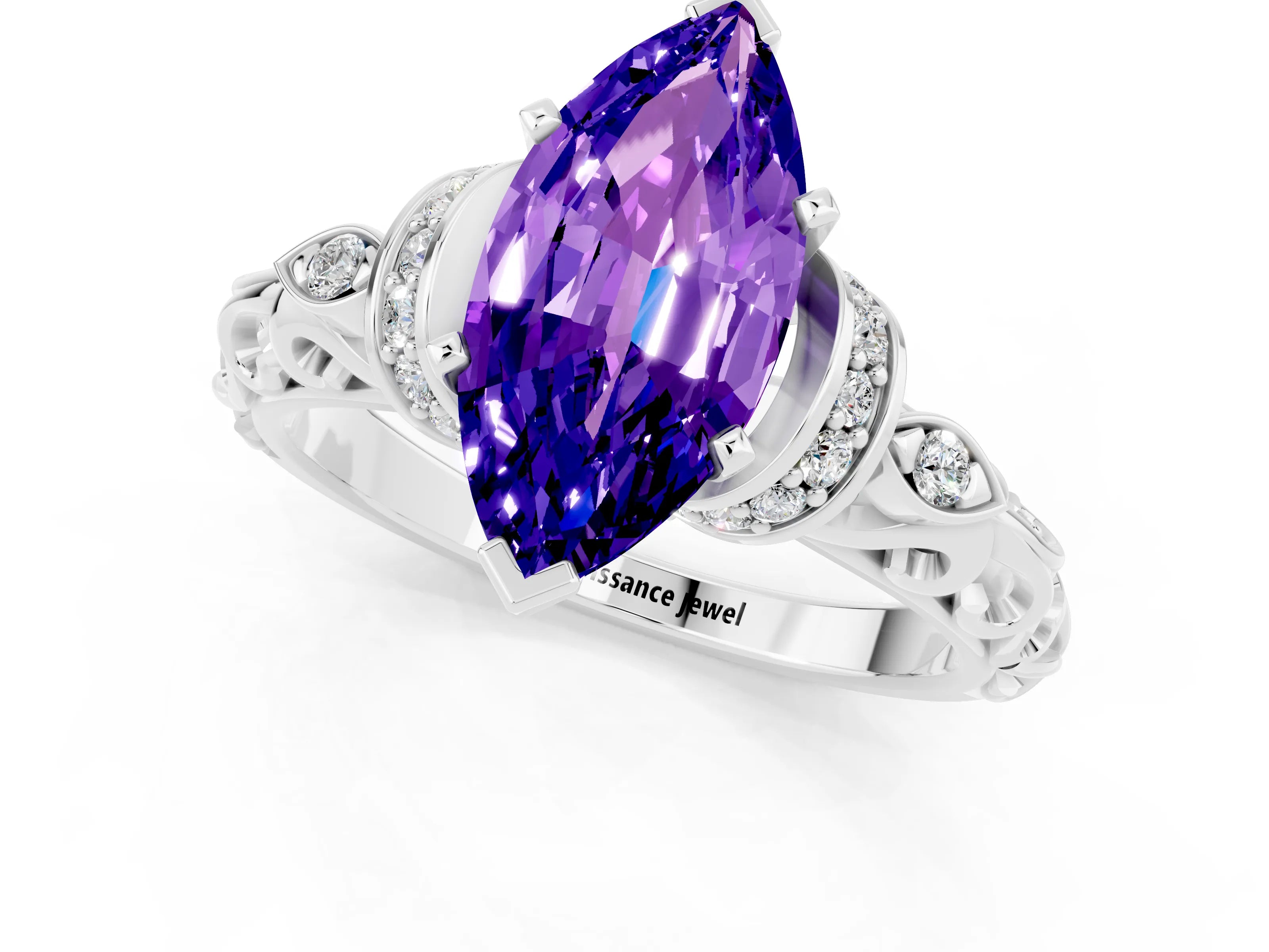 White gold Marquise Cut Tanzanite Solitaire Ring with Filigree Band and Four-Prong Setting_25