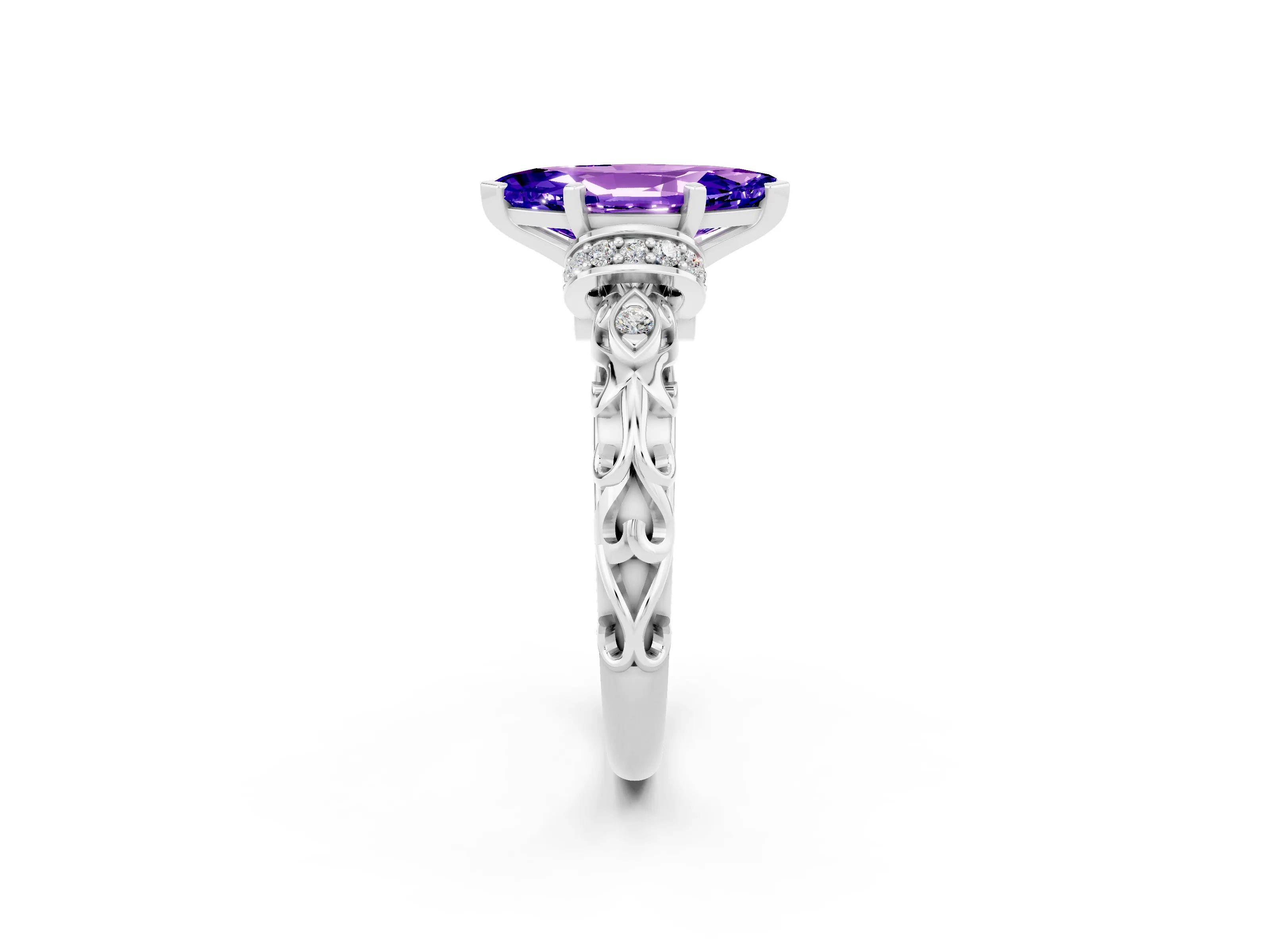 White gold Marquise Cut Tanzanite Solitaire Ring with Filigree Band and Four-Prong Setting_26